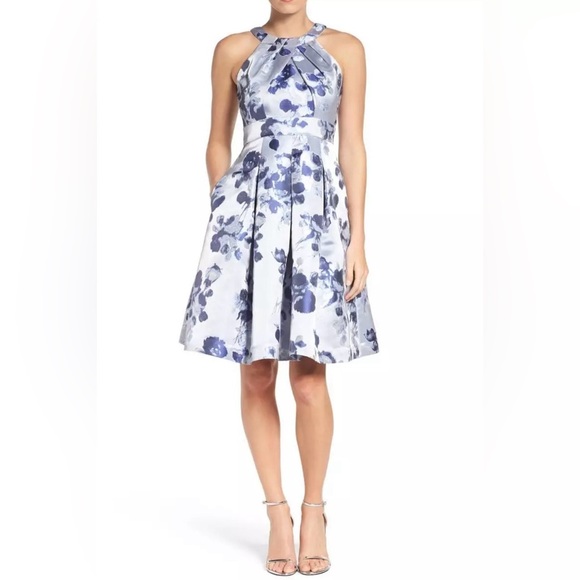 Eliza J Dresses & Skirts - Eliza J Blue Floral Metallic Fit and Flare Knee Length Halter Dress